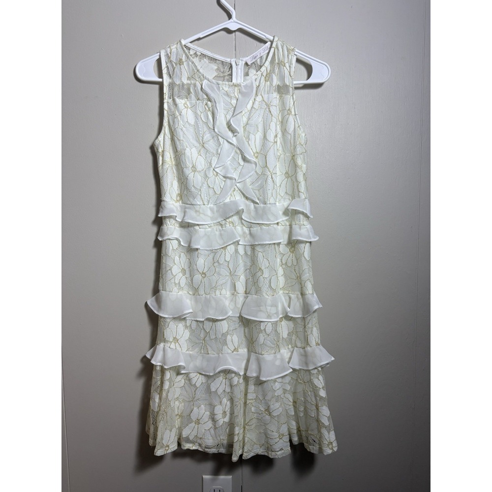 White Gold Ruffle Lace Dress‎ 4 Tiered Coquette Whimsical Fairycore Tea Party